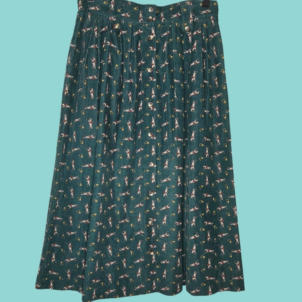 Vtg Bryn Connelly Corduroy‎ Skirt Horse Print Equestrian Made in Japan Green 12